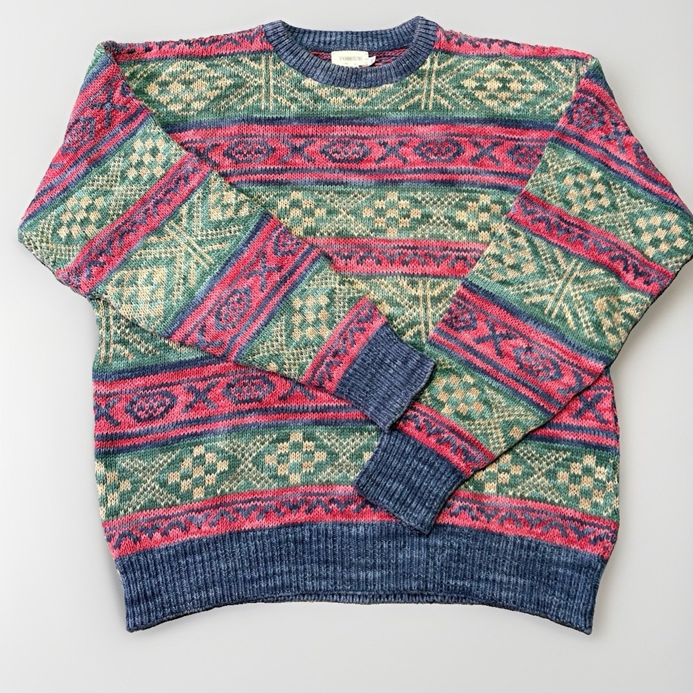 Vintage Tobruk Fair Isle Mens Heavy Knit 100% Cotton Cabin Sweater XL USA Made